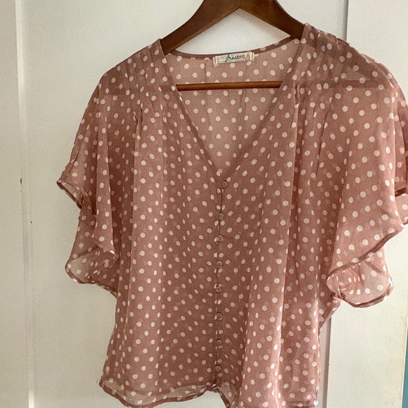 Free Bird Sheer Polka Dot Blouse Buttons Taupe White Office Preppy Top Large Tan - Picture 8 of 9